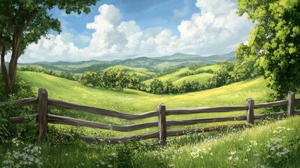 Fototapeta premium Serene Countryside Bliss - Idyllic Green Hills and Wooden Fence in Rural Landscape