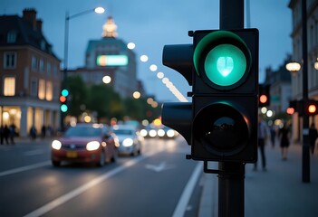 Green traffic light illuminated at dusk on a busy city street
