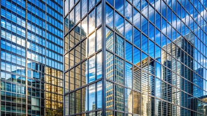 Fototapeta premium Contemporary skyscraper reflected in a mirrored glass fa?ade of a adjacent modern building, modern architecture, cityscape