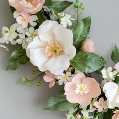 Fototapeta premium Spring floral wreath with delicate pink blossoms and fresh green leaves. Soft pastel tones, botanical composition, perfect for seasonal design and branding. Generative ai