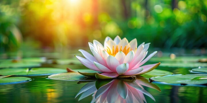 A delicate water lily with petals of soft pastel hues floating on a serene pond amidst lush greenery and vibrant aquatic life, aquatic life, nature images