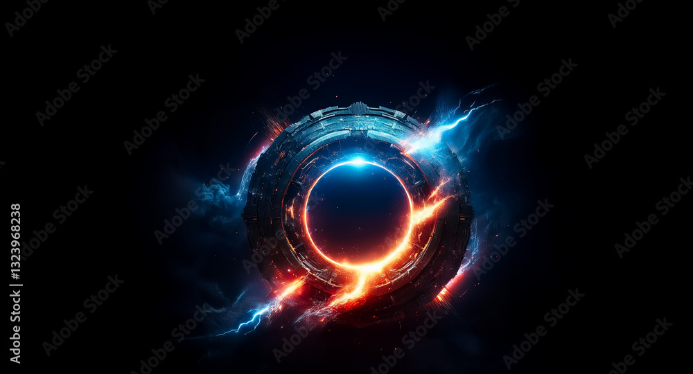 Poster futuristic circular portal with vibrant blue and orange energy against a dark backdrop. glowing ligh