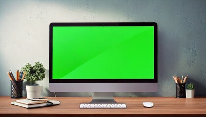 Fototapeta premium High-Tech Office Space with a Computer Monitor Showing a Green Screen for Effects 