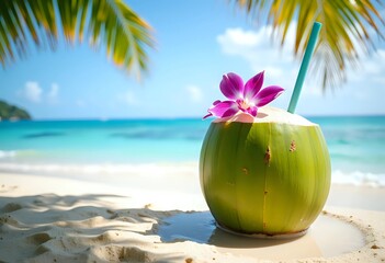 Fresh green coconut drink on tropical beach with turquoise water