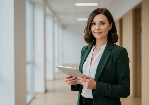 Portrait of a businesswoman in green formal wear holding a tablet computer.