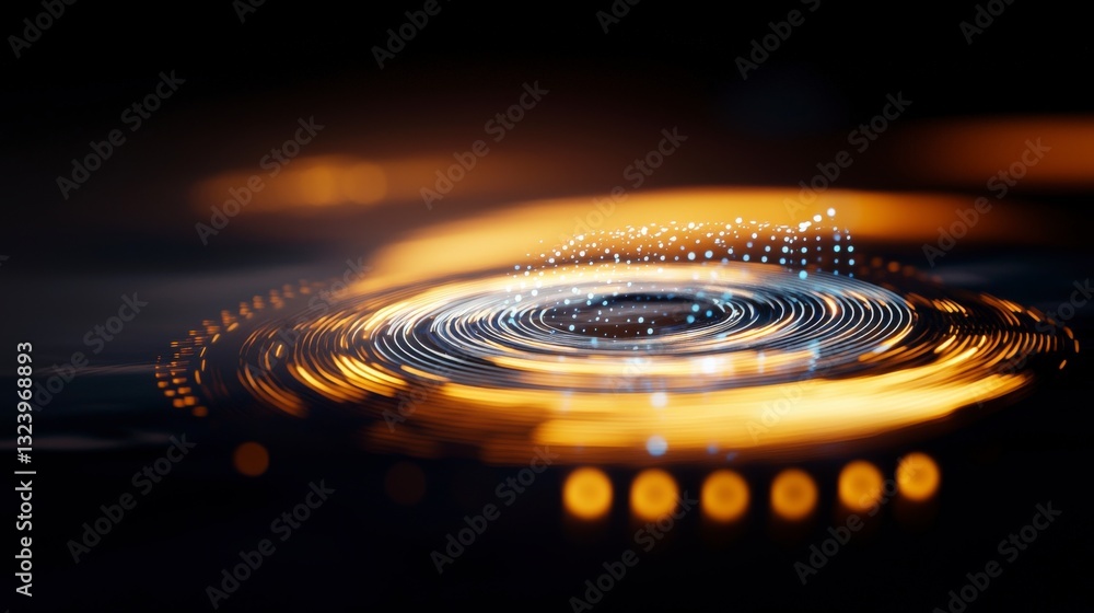Poster abstract glowing circular patterns with dynamic light effects in a dark background for modern design