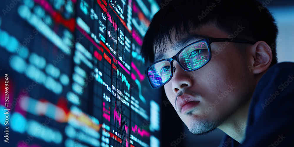 Poster young man viewing alphanumeric data on screen