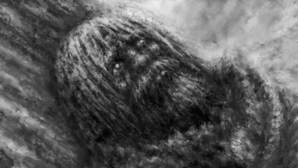 The prisoner is sitting by a tree. The gloomy nature of the wasteland and hopelessness. Dark fantasy illustration. Coal and noise effect.