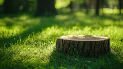Fototapeta premium Tranquil Tree Stump in Lush Green Grass