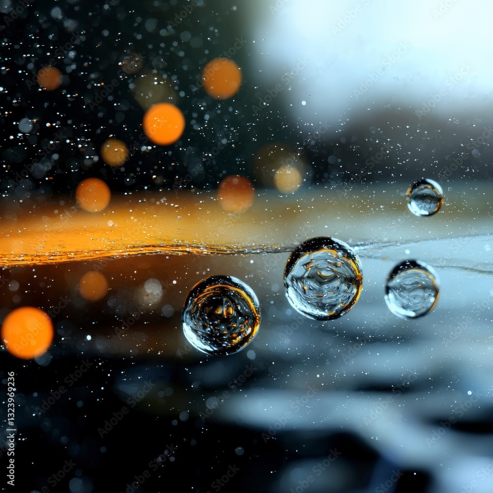 Poster abstract water droplets on colorful background with reflections and shape distortion in artistic clo