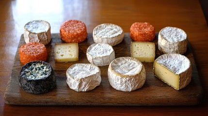 Beautifully crafted wooden board featuring an elegant display of various cheese types ready to enjoy