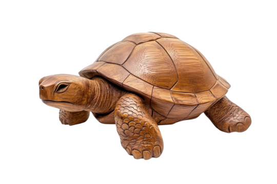 Artistic wooden turtle sculpture showcasing intricate craftsmanship and natural beauty isolated on transparent background