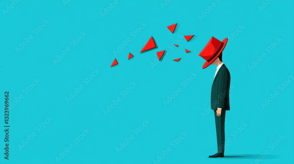 Poster nonplussed, a man in a suit with a red hat, head disintegrating into shapes.