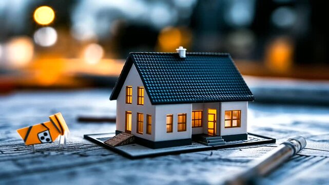 Town planning concept with a miniature house resting on a land survey blueprint, surrounded by construction signs and real estate charts. The image symbolizes modern neighborhood e
