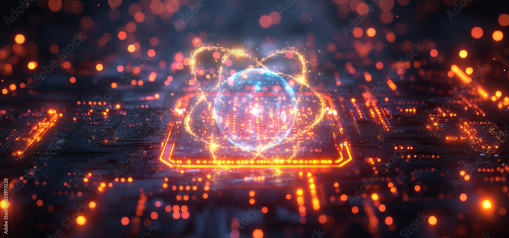 Aufkleber A visualization of quantum computing elements highlights qubits and superposition in vibrant colors, set against a high-tech digital backdrop.