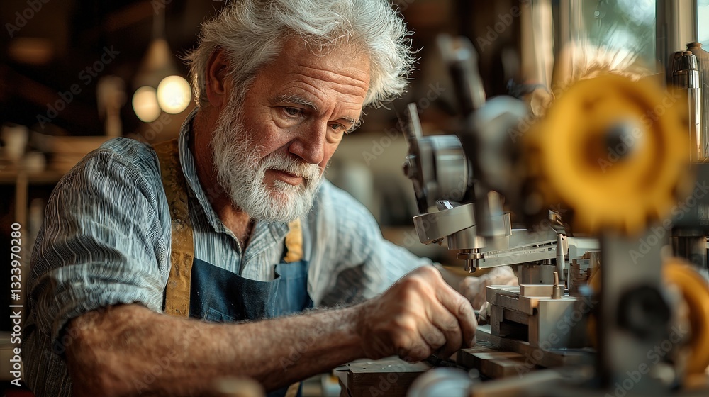 Poster focused man operating a machine with precision in a workshop surrounded by tools and equipment