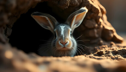 A curious rabbit cautiously peering out from its earthen burrow