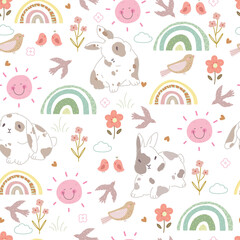 Easter pattern with bunnies, pink sun, flowers and rainbows, seamless pattern. Vector illustration for Easter.