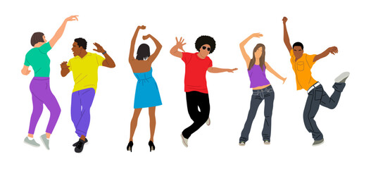 Set of young happy dancing people, male and female dancers. Girls and guys enjoying dance party. Colorful vector illustration in flat cartoon style isolated