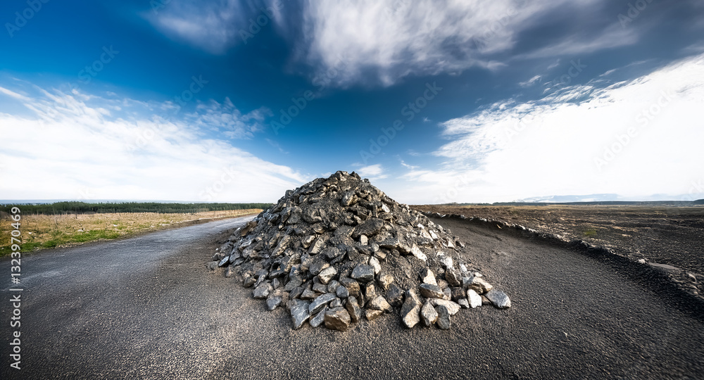 Poster a stone cairn sits atop a dark path under a partly cloudy blue sky. the landscape stretches to the h
