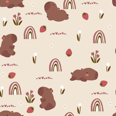 Cute capybaras pattern with strawberries, tulips and rainbows. 