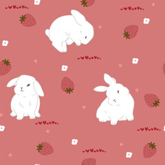 Cute bunny , flowers and strawberry, seamless pattern. Vector illustration with bunny for Easter.