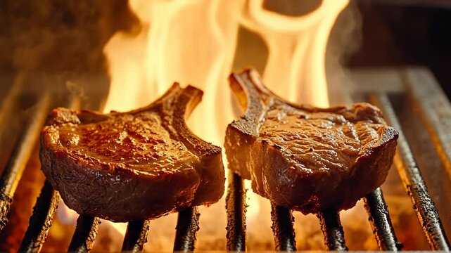 grilled pork chop with fire flame on BBQ rack 