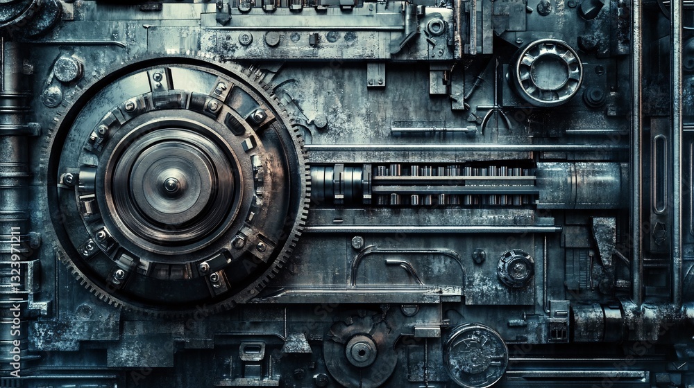 Aufkleber complex industrial mechanism with gears and cogwheels rotating