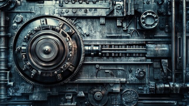 Complex industrial mechanism with gears and cogwheels rotating