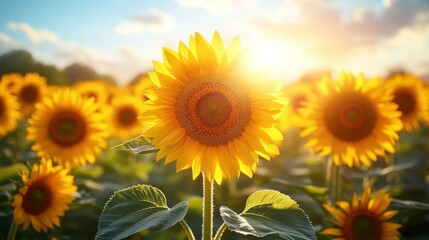 Fototapeta premium Golden sunflower field at sunset (1)