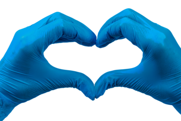 Heart, doctor's hands in blue medical gloves form the shape of a heart. PNG background