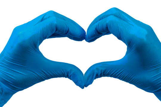 Heart, doctor's hands in blue medical gloves form the shape of a heart. PNG background