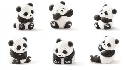 Fototapeta premium Six Adorable Panda Bear Cubs in Playful Poses Against White Background