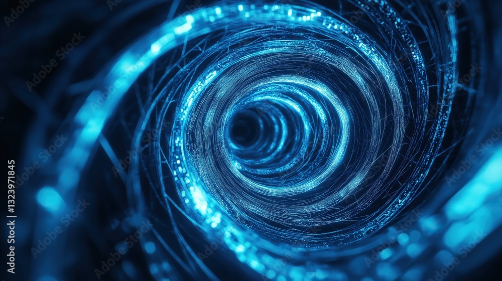 Poster abstract blue spiral tunnel with digital data flow and cyber technology background, representing an 