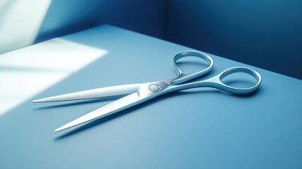 A pair of silver scissors, their edges sharp and gleaming, rests on a sleek blue surface in a minimalist workspace, bathed in the soft glow of a desk lamp.