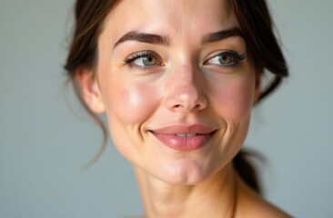 Naklejka premium Smiling young brunette woman with hair pulled back into ponytail looking away confidently indoors in soft natural light, Beauty portrait