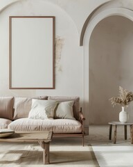 A modern living room with a beige sofa. coffee table. and a large blank canvas on the wall