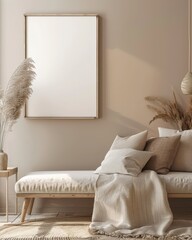 A cozy living room with a neutral color palette and a large framed canvas ready for your design