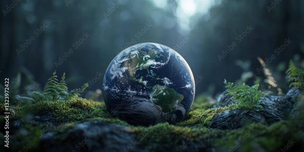 Poster earth globe resting on moss in forest with soft lighting effect