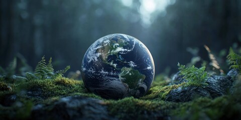 Earth Globe Resting on Moss in Forest with Soft Lighting Effect