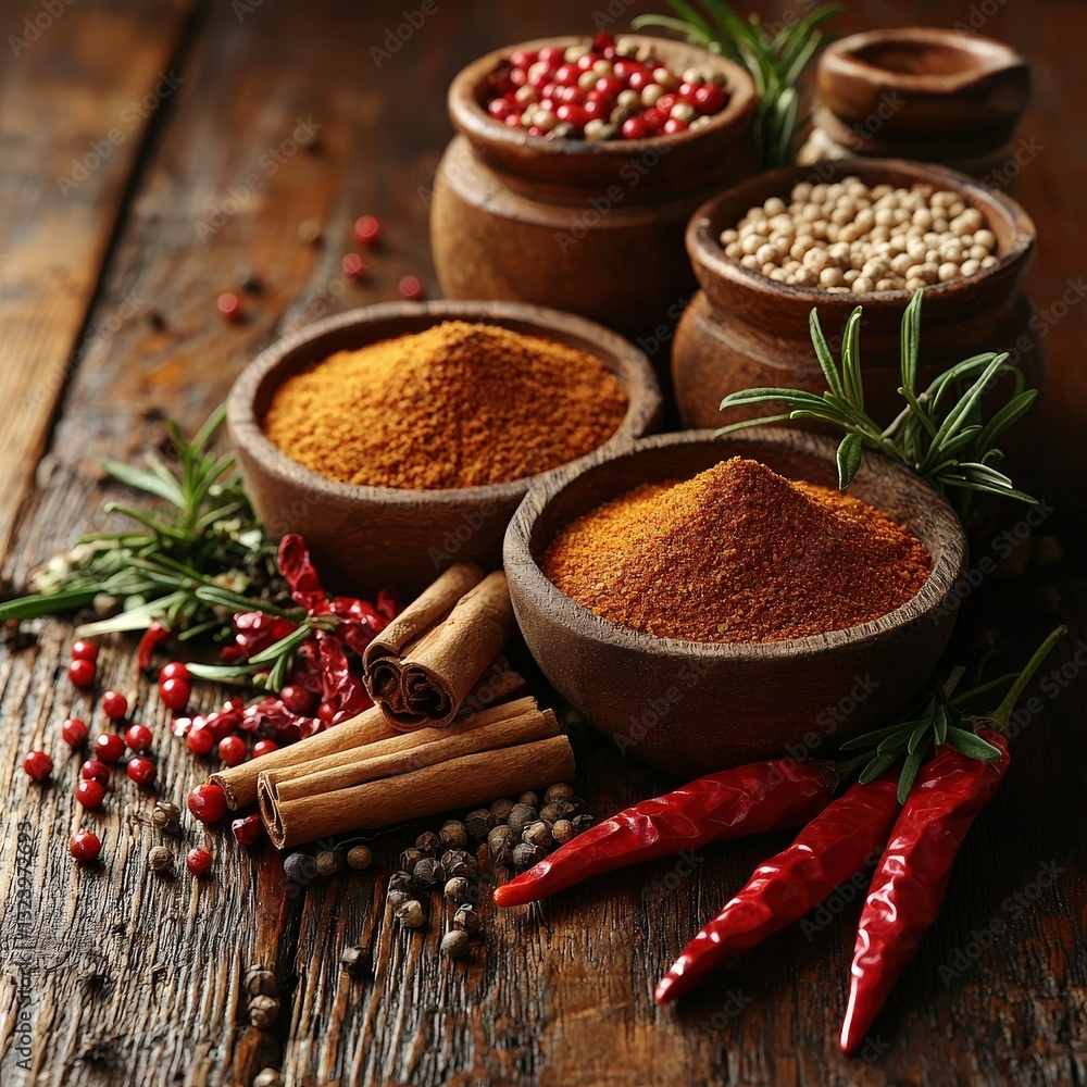 Poster assorted spices displayed in small containers showcasing vibrant colors and textures