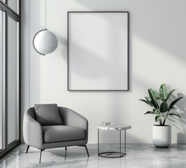Minimalist living room interior with a gray armchair. a side table. a plant. and a large blank poster frame