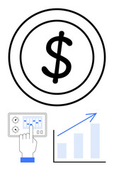 Dollar coin symbolizes wealth, control panel with hand indicates management, bar chart shows growth trend. Ideal for finance, business, investment, economic stability, profit increase, money