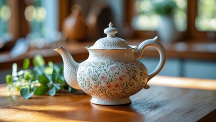 Beautifully crafted teapot displayed on a wooden table surrounded by greenery in a bright kitchen setting