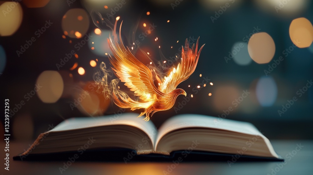 Poster a phoenix rising from a book pages to represent transformation and learning.