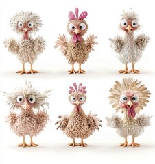 Fototapeta premium Six Fluffy Cartoon Chickens Posing Against White Background