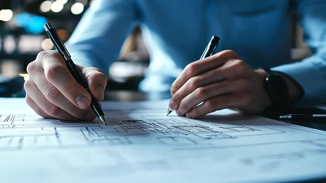 Architectural drafts of a newly imagined city spread across a desk, where a professional sketches the final details of road networks and real estate zones. A futuristic take on mun