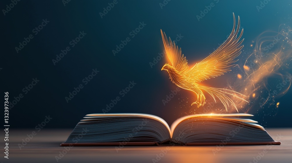 Poster a phoenix rising from a book pages to represent transformation and learning.