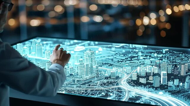 An architect leans over a high-tech touchscreen city map, adjusting the placement of residential buildings, highways, and pedestrian pathways. A scene of futuristic city design.