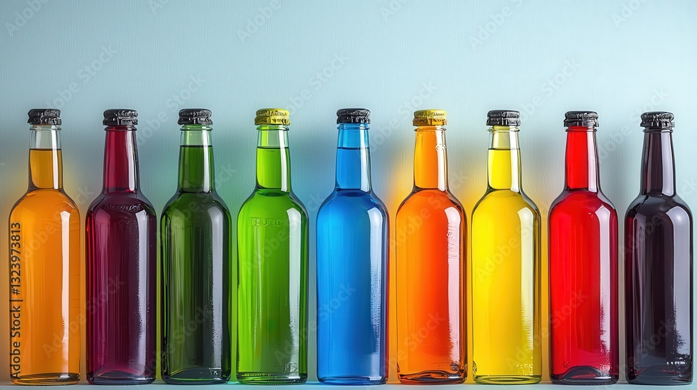 Poster a row of brightly colored bottles displaying various infused beverages for a vibrant presentation